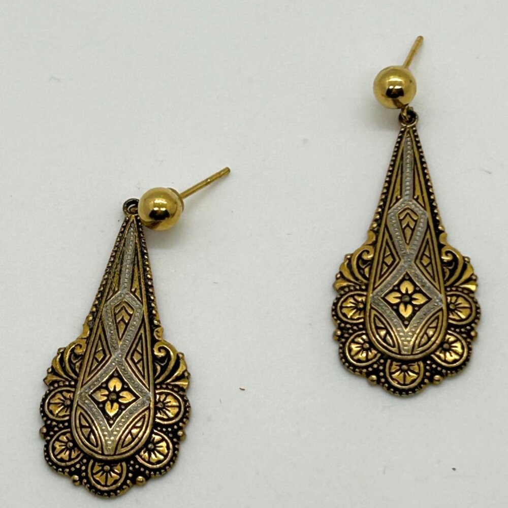 Vintage Damascene Teardrop Dangle Earrings Gold-Tone Silver-Tone Inlay Retro - Picture 3 of 8
